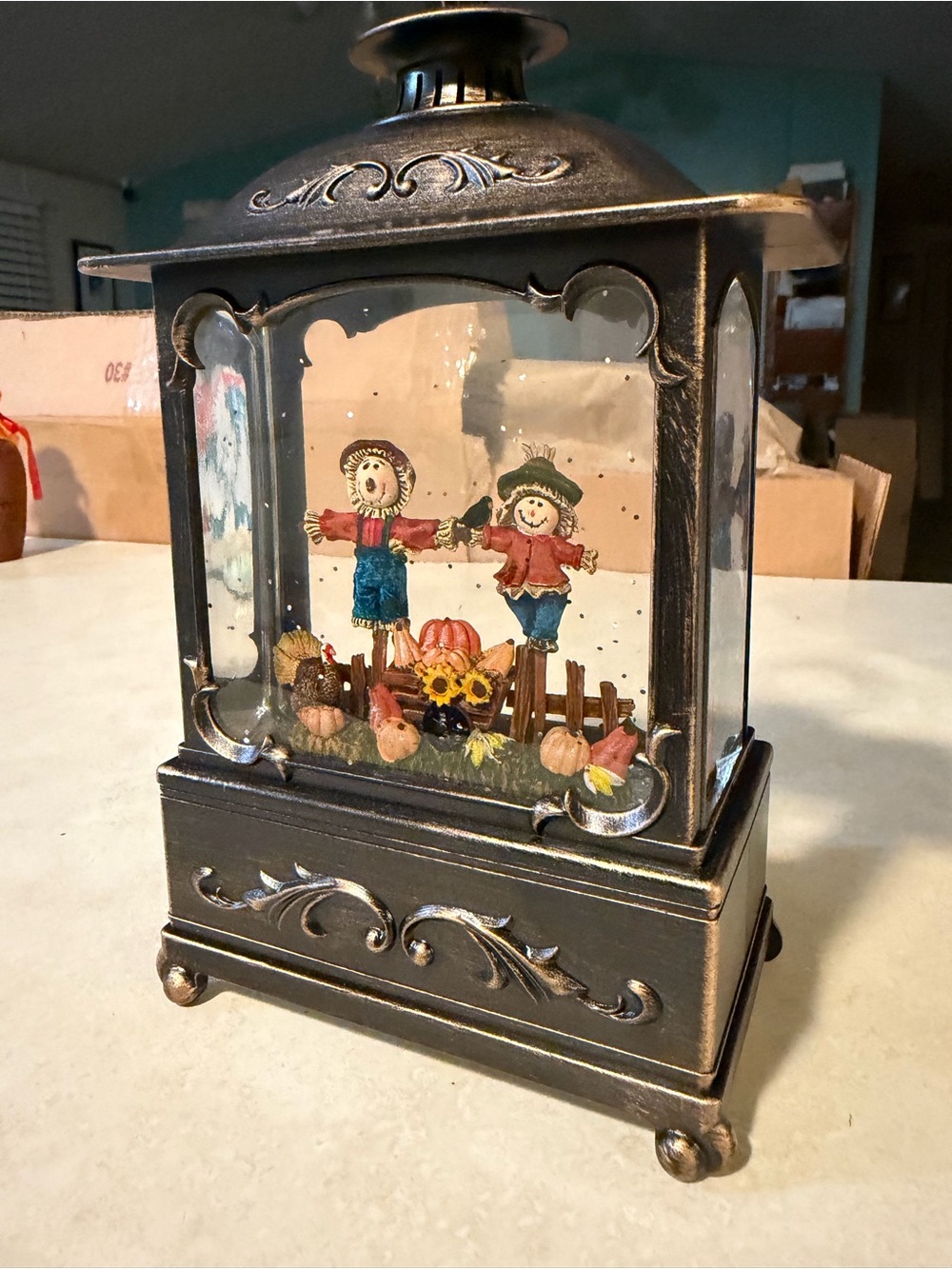 Illuminated Glitter Lantern Scarecrow Scene by Valerie Parr Hill